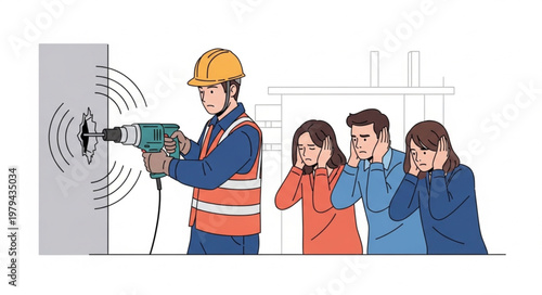 Construction worker drills wall disturbing neighbors with noise.