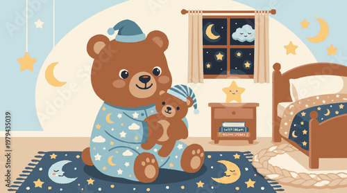 Adorable cartoon teddy bear in pajamas holding a small bear in a cozy bedroom at night, surrounded by moons and stars for bedtime.