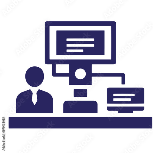 Dark blue of a man sitting at a desk with a computer monitor, cpu, and laptop