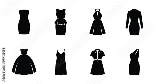 Minimalist black dress icons set, 8 female clothing vector silhouettes, elegant cocktail and evening gown garment collection for fashion design
