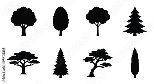 Black tree silhouettes collection, set of 8 minimalist forest tree icons, flat vector nature symbols for landscape design and environmental branding