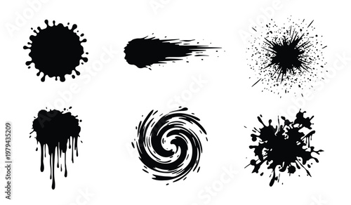 Black ink splat vector set, grunge paint splash collection with 6 elements, liquid drip and spray textures, artistic ink blot silhouettes