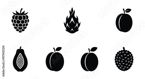 Minimalist fruit icon set with 7 black vector elements, flat silhouette fruit symbols including raspberry, dragon fruit, plum, papaya, and lychee