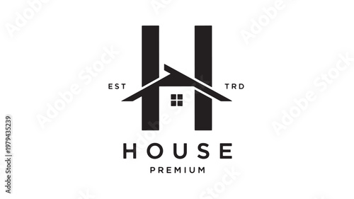 House logo with roof beams, central window squares, and premium branding typography on clean minimal background
