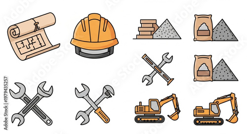 Construction Tools and Materials Icons Set.