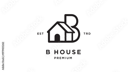 House logo with bold letter B, roofing lines, and premium branding for real estate identity design featuring home icon, roof outline, property mark