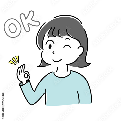 ウインクしてOKをする女性 シンプル イラスト 文字入り 承認 説明 ポイント 人物 ベクター / Woman blinking giving OK hand sign with OK letters simple illustration guide explanation character vector