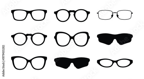 Black eyeglasses silhouette collection, 9 vector icons of modern and vintage eyewear frames, stylish spectacles and sunglasses set for optician branding