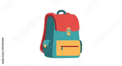 Colorful backpack with red flap.