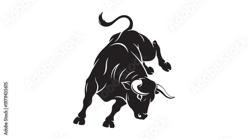 Bull silhouette icon with curved horns and stylized muscles for sports, logo, and tattoo designs featuring animal, mascot, aggressive with muscle and