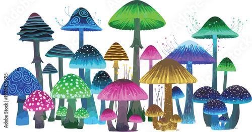 Fantasy Mushroom Collection with Colorful Glowing Magical Fungi Variety Enchanted Forest Elements for Game Design Illustration and Creative Nature Projects