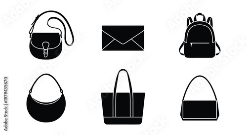 Minimalist black handbag icons set, collection of 6 fashion bag silhouettes, modern female accessories including backpack and tote vector illustrations