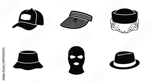 Minimalist headwear icon set, black and white hat vector collection, baseball cap and bucket hat illustrations, balaclava and sun visor symbols