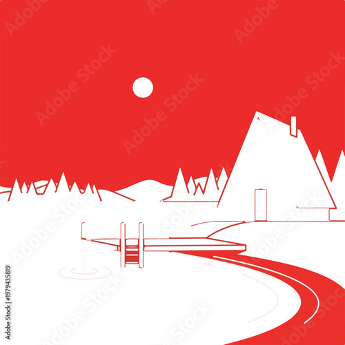 Snowy house with red road path.