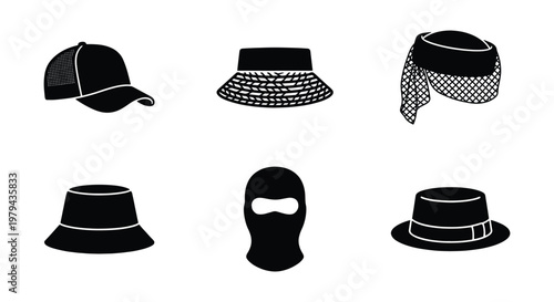 Minimalist headwear icon set, black silhouette hats and caps collection, 6 vector elements including baseball cap, bucket hat, balaclava and fedora