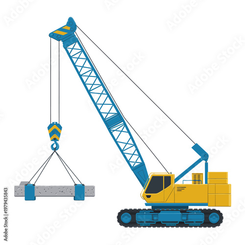 Large blue and yellow construction crane lifting concrete block isolated on white background