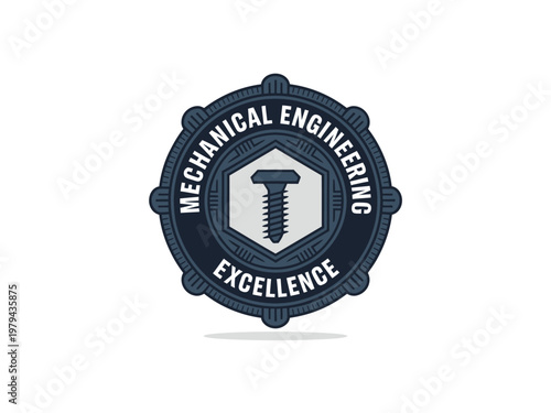 Mechanical engineering excellence badge with screw emblem and text on circular design