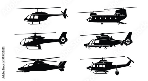 Black helicopter silhouettes set, 6 military and civilian aircraft icons, transport aviation vector collection for infographics and logos