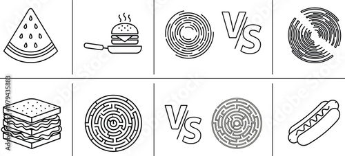 Food comparison and maze puzzle icon set featuring watermelon, burger, sandwich, hotdog and circular labyrinth challenge symbols vector illustration