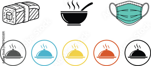 Food and health icon set featuring bread loaf, hot soup bowl, protective face mask and serving cloche symbols in outline and flat vector style