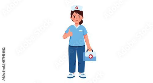 Cute cartoon boy dressed as a doctor holding a medical kit and smiling, cheerful healthcare character for children