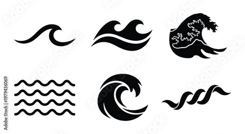 Ocean wave icons set, minimalist black sea surf silhouettes, 6 vector water ripples and tidal wave symbols for logo design and summer branding