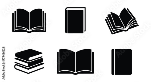 Minimalist book icon set with 6 vector elements, black silhouette open book symbols, stacked books and closed textbook illustrations for education
