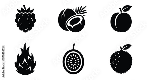 Minimalist tropical fruit icon set, black silhouette exotic fruits collection, 6 vector elements including coconut, dragon fruit, and passion fruit