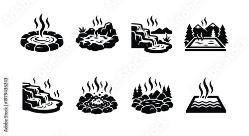 Hot spring icons set, black and white thermal bath vector illustrations, 8 natural onsen and spa sauna symbols for wellness and travel maps