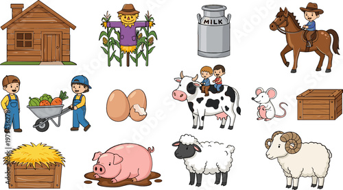 Farm Life Illustration Set with Animals, Workers, Barn, and Harvesting Elements for Rural, Agriculture, and Countryside Designs