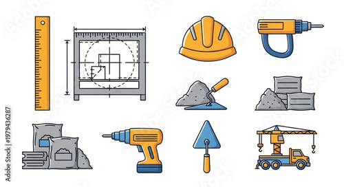 Construction tools and materials illustration.
