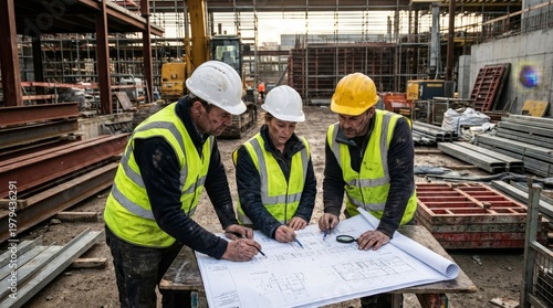 Construction Workers Collaborating on Blueprint at Job Site