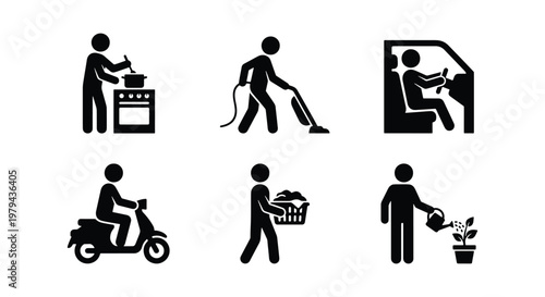Black silhouette icons of daily routine activities, set of 6 vector pictograms for housework and lifestyle chores, minimalist people symbols