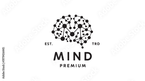 MIND premium logo design with molecular network circle icon and EST TRD typographic emblem concept featuring technology, biotech, science with