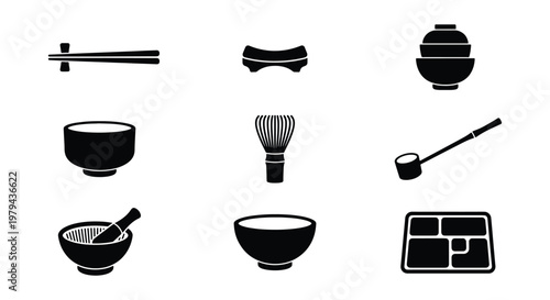 Japanese tableware icons set, traditional kitchen utensils and tea ceremony equipment vector, black minimalist bento box and matcha whisk graphics