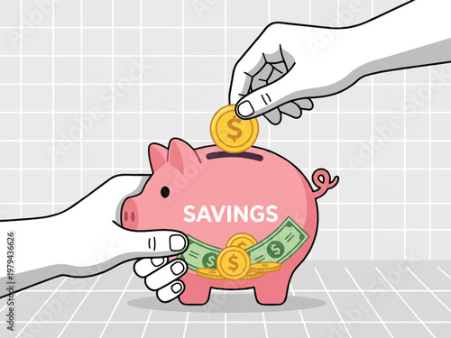 Hands putting coins and bills into a pink piggy bank for savings on a tiled floor