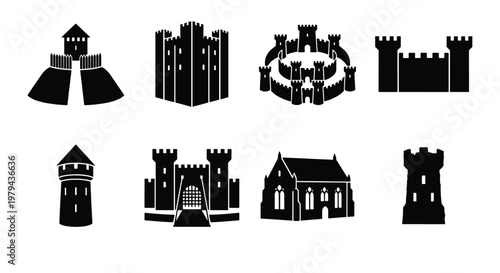 Medieval castle silhouette icons set, 8 black fortress and tower vector elements, ancient stone citadel and palace architecture symbols for gaming