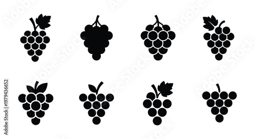 Grapes icon set with 8 black vector silhouettes, minimalist grape bunch symbols for wine branding, organic fruit cluster illustrations for food packaging