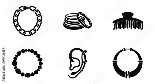 Minimalist jewelry icon set, black fashion accessories vector collection, 6 elegant jewelry elements including necklace, bracelet, and hair clip