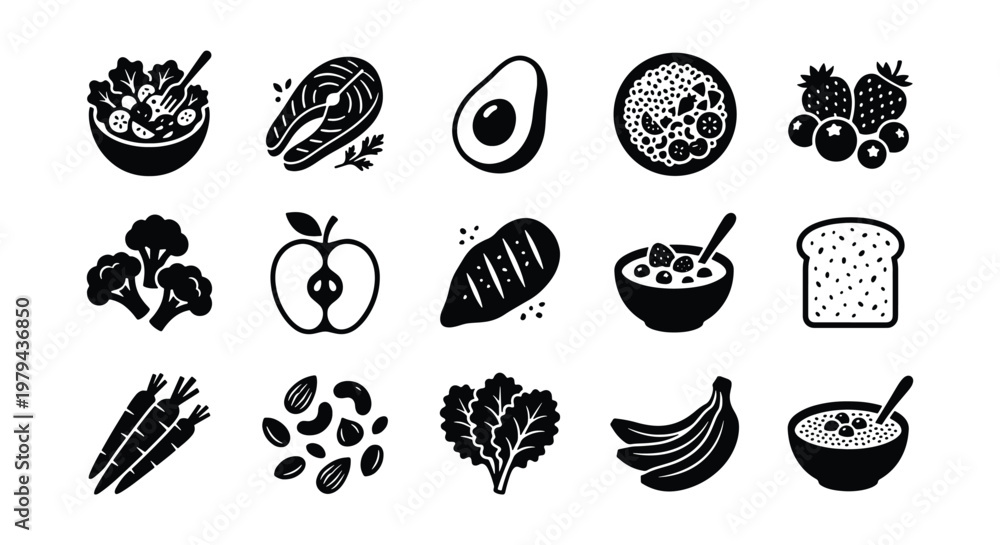 Obraz premium Healthy food icons set, 15 black vector elements for nutrition and diet planning, organic grocery and superfood silhouettes for meal prep apps