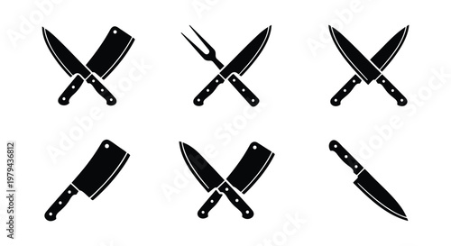 Professional chef knife set icons, crossed butcher cleaver and kitchen cutlery silhouettes, 6 black vector elements for restaurant branding