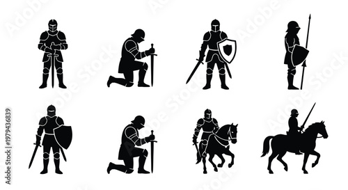 Medieval knight silhouette collection, 8 warrior icons with swords and shields, armored soldiers on horseback, black vector set for gaming and history