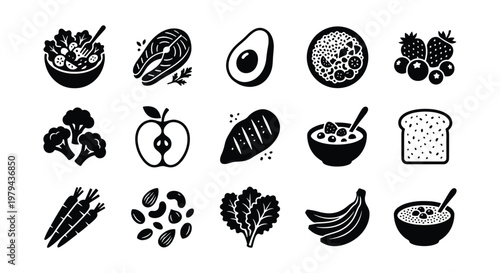 Healthy food icons set, 15 black vector elements for nutrition and diet planning, organic grocery and superfood silhouettes for meal prep apps