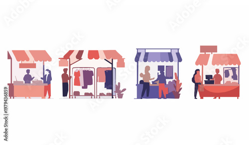 Urban street market banner with people shopping clothing and electronics in flat cartoon vector illustration