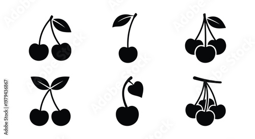 Minimalist cherry icon set, black silhouette fruit vector collection, 6 organic berry symbols for food packaging and menu design