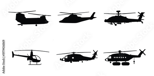 Фотография Military helicopter silhouettes set, 6 black aircraft vector icons, army aviatio