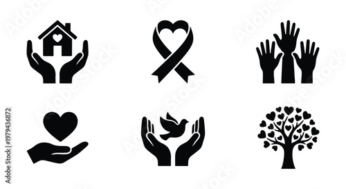 Charity and donation icon set, 6 black vector symbols for non-profit organizations, volunteer and community support graphics, philanthropy and kindness icons