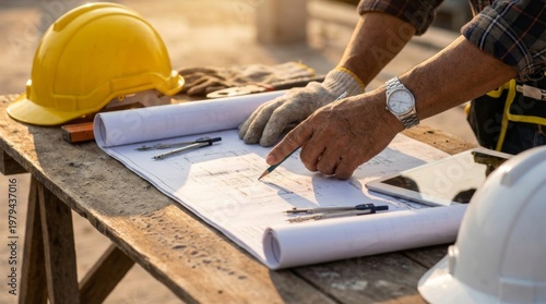 Construction Worker Reviewing Blueprints on a Worksite Table
