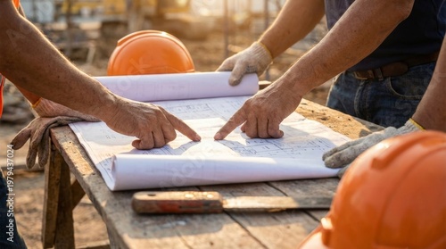 Construction Workers Discussing Blueprints on a Job Site Outdoors