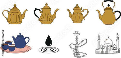Traditional teapot and cultural icons vector set featuring Arabic coffee pots, tea set, hookah shisha pipe, oil drop and Taj Mahal illustration